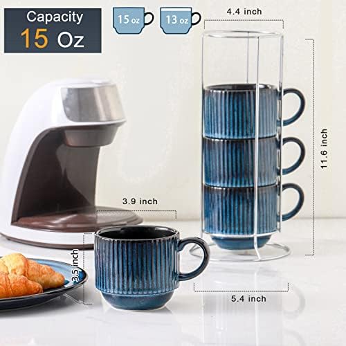 HASENSE 15 Oz Ribbed Stackable Coffee Mug Set of 4, Ceramic Latte Cups with Metal Stand, Dishwasher & Microwave Safe, Navy Blue for Cappuccino Tea Hot Cocoa