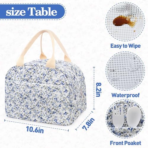 Cotton Quilted Insulated Lunch Bag, Reusable Quilted Floral Lunch Tote Bags