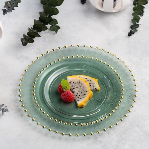PLASTICPRO 32 Piece Combo Plastic Dinner Plates Disposable Plastic Fancy Heavy Duty Party Dishes 7 inch and 10 inch, Translucent Green and Gold Beaded