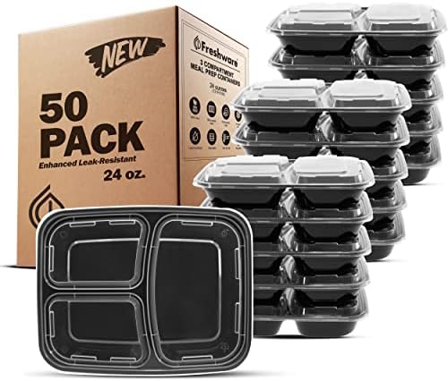 Freshware Meal Prep Containers [50 Pack] 3 Compartment Food Storage Containers with Lids, Bento Box, BPA Free, Stackable, Microwave/Dishwasher/Freezer Safe (24 oz)