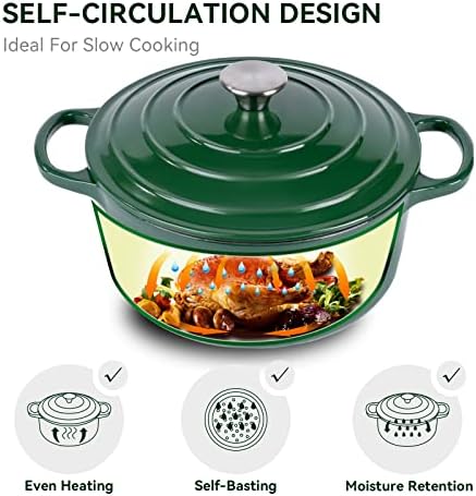 Miereirl 6 Quart Enameled Dutch Oven Pot with Lid, Cast Iron Dutch Oven with Dual Handles for Bread Baking, Cooking, Non-stick Enamel Coated Cookware (Green)