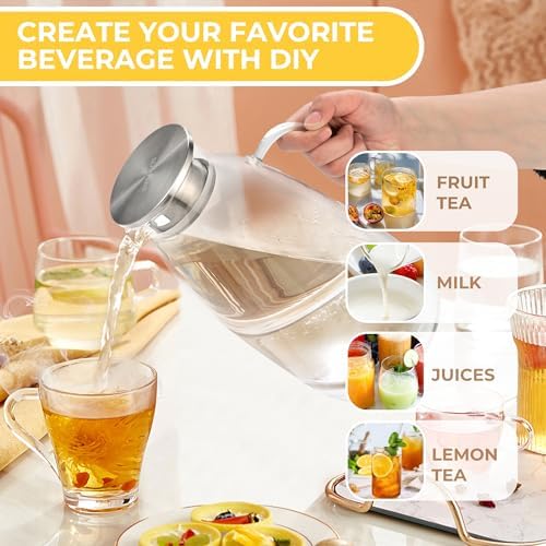 SUSTEAS 3 Liter 101 oz Glass Pitcher with Lid and Spout, Handmade Pitcher