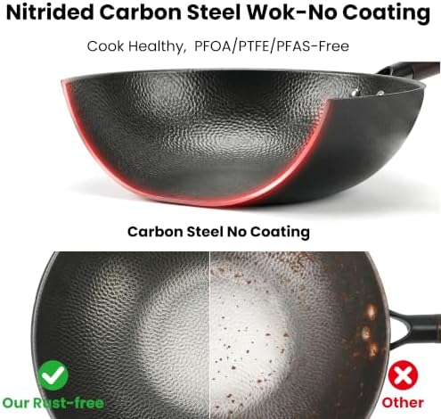 13 Inch Carbon Steel Wok with Lid, Large Flat Bottom Woks & Stir-Fry Pan