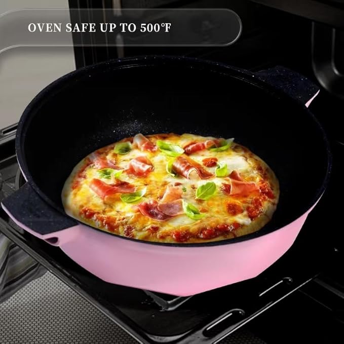TIBORANG 8 in 1 Multipurpose 11 Inch 5 Quart Heat Indicator Nonstick Deep Frying Pan with Glass Lid, Stay-cool Handle, Steamed Grid, PFOA-Free,Dishwasher and Oven Safe,Works with All Stovetops (Pink)