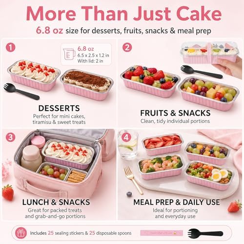 YQER 25 Pack Mini Cake Pans with Lids and Spoons, 6.8 oz Pink Disposable Aluminum Foil Mini Loaf Pans with Stickers, Individual Small Dessert Cake Tins Containers for Small Batch Baking, Parties Treat