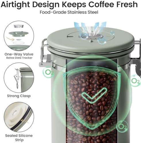 Veken Coffee Canister with Window, Airtight Stainless Steel Container,Date Tracker, Kitchen Food Storage Jars for Beans, Ground, Espresso, Rice,Tea, Sugar, Cereal, Gifts, Scoop,Green, 22OZ (Pack of 2)