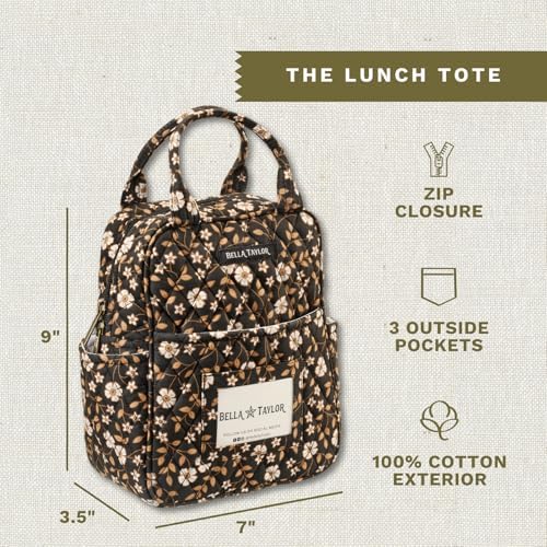 Bella Taylor Lunch Tote, Quilted Lunch Bag, Vintage Vine Black