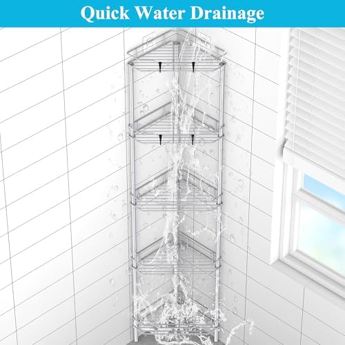 HuggieGems Metal Floor Standing Corner Shower Caddy, Silver, 5 Tier
