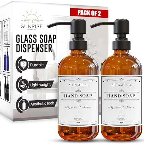 Sunrise Premium Amber Glass Soap Dispenser Matte Black with Pump, 2 Pack