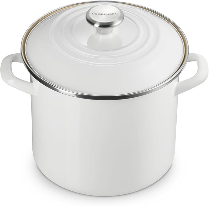 Le Creuset Enamel on Steel Traditional Stockpot, 8 qt., White with Stainless Steel Knob