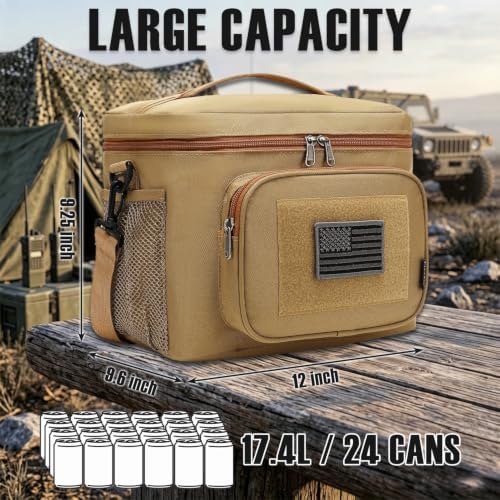 FlowFly Lunch Bag, Insulated Cooler, Thermal Lunch Box Tote with MOLLE/PALS Webbing, Adjustable Padded Shoulder Strap, for Tactical Men Women Adults and Boys Girls Kids (Brown, Large)