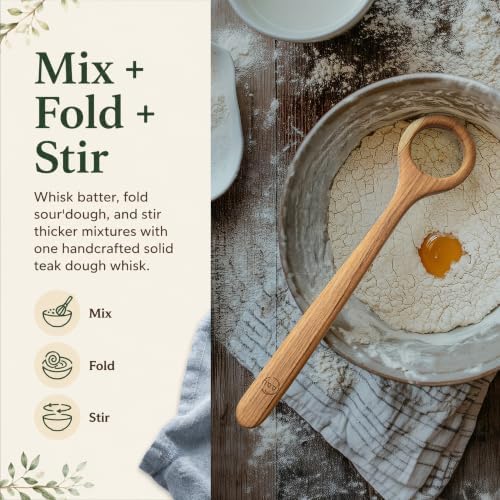 FAAY 13" Dough Whisk, 100% Healthy Teak Kitchen Utensils for Bread Mixing, Sourdough, Batter Preparation, Baking, and Cooking Tools