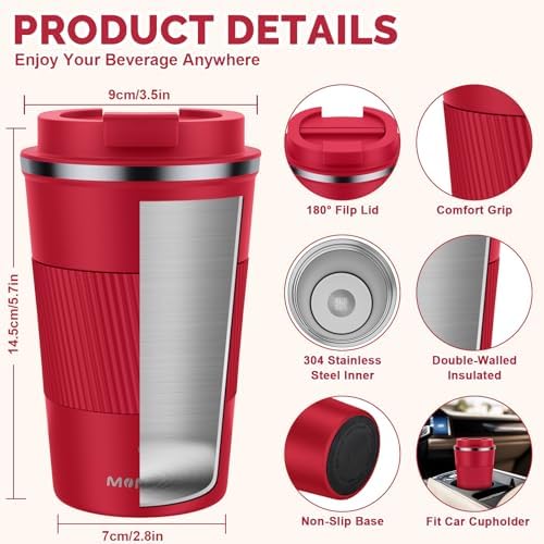 MOMSIV 12oz Travel Coffee Mug, Insulated Coffee Cup with Leakproof Lid Red