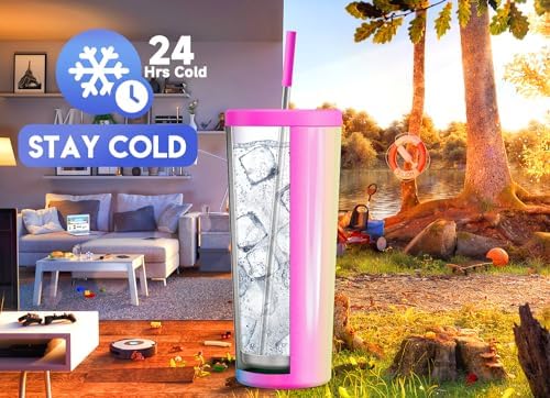 Meoky 24 oz Insulated Tumbler with Lid and Straw, Stainless Steel Vacuum Insulated Tumbler, Keeps Cold for 24 Hours, 100% Leak Proof, Fits in Car Cup Holder (Carnival)