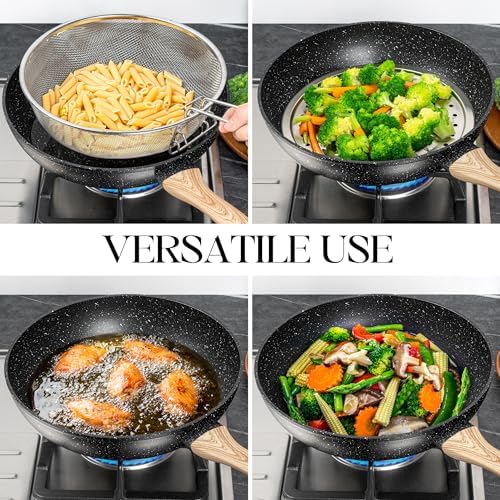 MICHELANGELO 12 Inch Wok Set - Woks & Stir-Fry Pans Nonstick Wok Pan with Lid, Induction Wok with Ergonomic Handle, Stainless Steel Steamer, Fryer Basket, Black