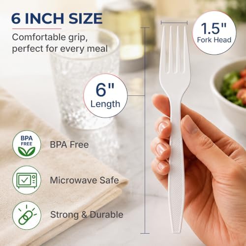 BluShine Extra Heavy Duty Plastic Forks, Disposable Bulk Cutlery