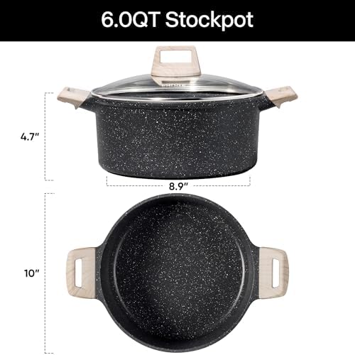 CAROTE Nonstick Stock Pot with Lid, 6 Quart Black Granite Casserole