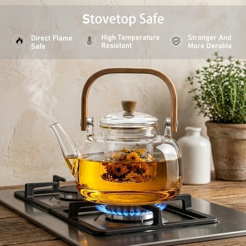1000ml (33.8oz) Borosilicate Glass Teapot with Wooden Handle, Stovetop Safe Clear Tea Kettle with Removable Glass Infuser for Blooming Tea & Loose Leaf Tea