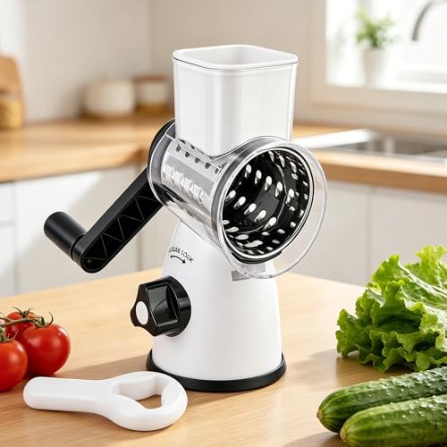 SUSTEAS Rotary Cheese Grater, Cheese Shredder with 3 Interchangeable Blades