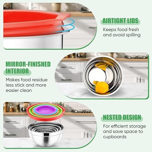 P&P CHEF Metal Mixing Bowls with Lids Set, Airtight Lids & Multicolor