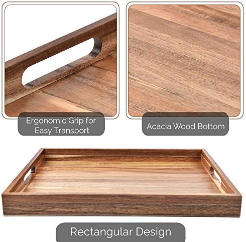 Acacia Wood Serving Tray with Handles (17 Inches) – Decorative Serving Trays Platter for Breakfast in Bed, Lunch, Dinner, Appetizers, Patio, Ottoman, Coffee Table, BBQ, Party –Great for Lap &Couch