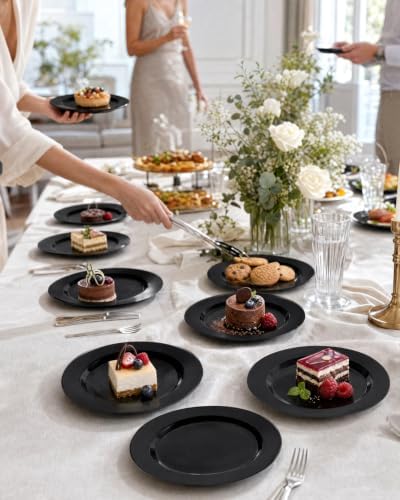bUCLA 100 Pieces Black Plastic Plates - 6.25 inch Disposable Dessert/Salad/Appetizer/Small Cake Plates for Party, Graduation & New Year