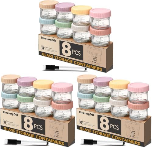 RowinsyDD 24 Pack Glass Baby Food Storage Containers, 2 oz Leakproof Baby Food Jars with Lids, Small Glass Food Containers for Infant Baby, Freezer Safe