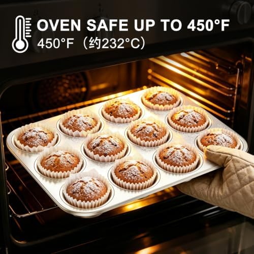 12-Cup Stainless Steel Muffin Pan, Cupcake Pan Metal Muffin Baking Tins for Oven & Dishwasher Safe, Cupcake Pans for Baking Non-toxic & Easy Clean Set of 2 ﻿