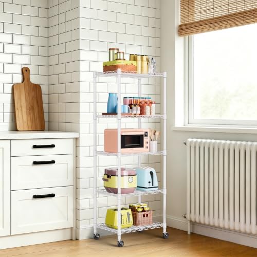 REGILLER 5-Wire Shelving Metal Storage Rack Adjustable Shelves,Standing Storage Shelf Units for Laundry Bathroom Kitchen Pantry Closet(White,11.8" D x 16.6" W x 53.5" H,With Wheels)