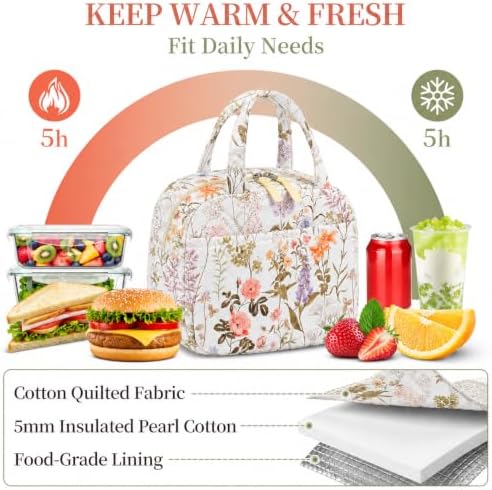 WOBAGMEN Quilted Lunch Box for Women,Coquette Aesthetic Lunch Box for Teen Girls,Cute Floral Lunch Bags for Work, School,Office,Picnic,Travel (Dewy Morning Garden)