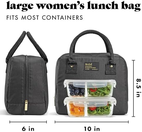 Fit & Fresh Bloomington Lunch Bag for Women - Insulated Large Lunch Box for Work with Containers, Leak-Resistant, Stain-Resistant, Zipper Closure, Black