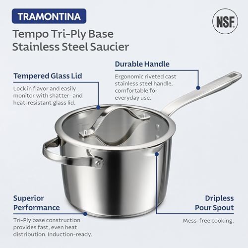 Tramontina Tempo Tri-Ply Base Stainless Steel 4-Qt Large Sauce Pan with Lid