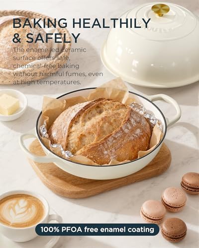 Enameled Cast Iron Bread Oven, 6QT Cast Iron Dutch Oven for Homemade Sourdough Bread Baking, Round Bread Pot with Dome Lid & Cotton Potholders, Cream White