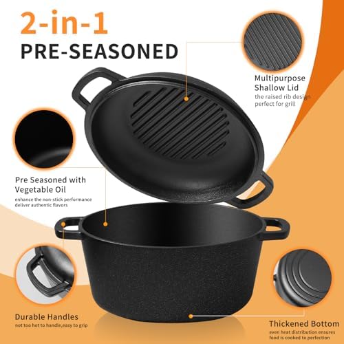 Pre-Seasoned Cast Iron Dutch Oven for Bread Baking - incl. Sourdough Bread-Baking Supplies like Proofing Basket, 2-in-1 Dutch Oven Pot with Skillet Lid and Dual Handles, Sour Dough Tools, Lame, 5QT