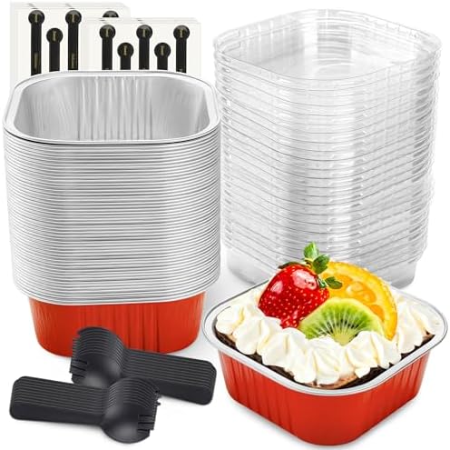 NPLUX Square Cake Pans with Lids, 50 Pack Red 10oz for Seasonal Baking