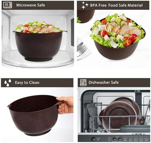 BoxedHome 4.5 Quart Large Plastic Mixing Bowls, Microwave Safe Mixing Bowl Set with Pour Spout, Nesting Bowls for Space Saving Storage(brown)