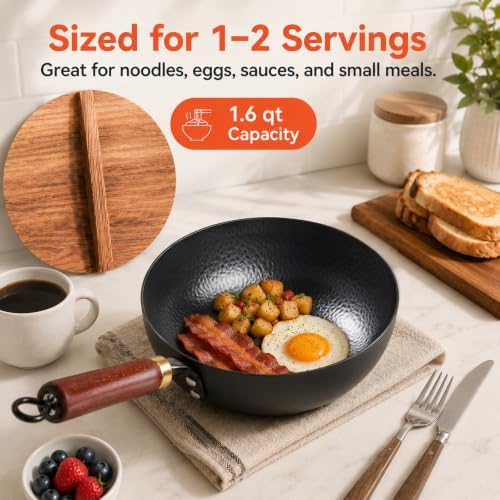WANGYUANJI 8-Inch Carbon Steel Wok with Lid, Flat Bottom, Gas and Induction