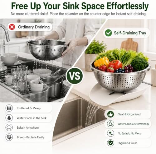 Stainless Steel Colander Set with Self-Draining Silicone Base, 4 Sizes Metal Strainers for Kitchen, Colanders & Food Strainer for Pasta, Fruit, Vegetables & Noodles - 2.2 Qt/ 3.3 Qt/ 4.0 Qt & 5.3 Qt