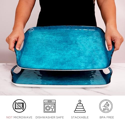 TP Melamine Serving Trays with Handles, 17” x 12”, Set of 2, Retro Teal