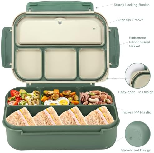 Bento Box Adult Lunch Box, Lunch Containers for Kids Girls Boys with 4 Compartments, Lunchable Food Container with Utensils, Sauce Jar, Muffin Liners, 40 Oz/5 Cup, Microwave & Dishwasher Safe, Green