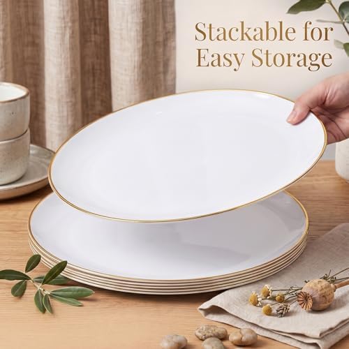 WDF 6Pcs Gold Plastic Serving Trays - 12 Inch White and Gold Oval Disposable Plates - Heavy Duty White Plastic Serving Platters for Wedding/Birthday/Dinner Party/BBQ/Holiday Gatherings