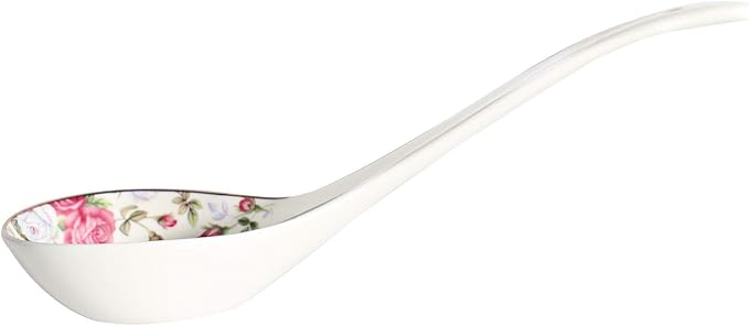 Big Porcelain Spoon Bone china Large Porridge Spoons White Ceramic Flatware Soup Spoons Long Handled Flower Pattern Scoop(Flower Pattern)