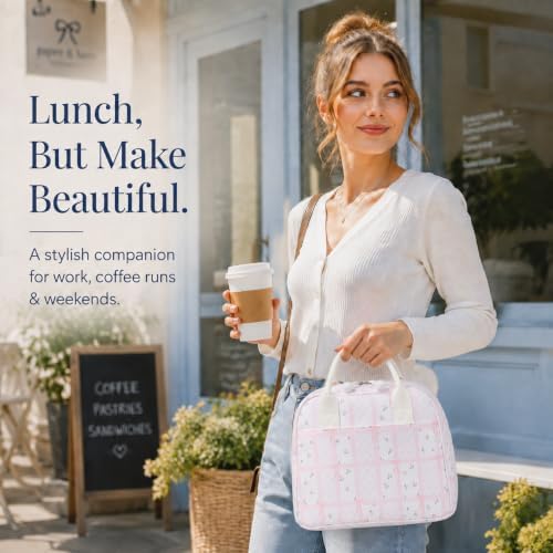 LOVELYWIND Lunch Box for Women, Insulated Lunch Bag, Pink Checkered Tote