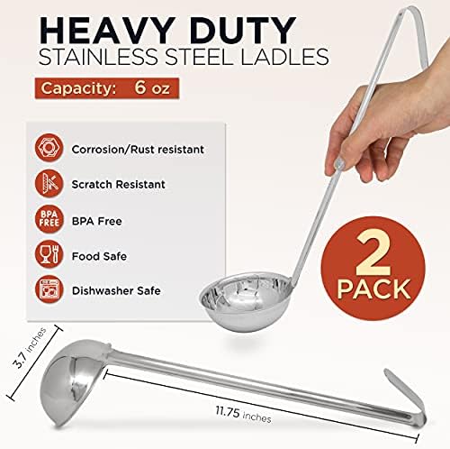 Fit Meal Prep [2 Pack] Stainless Steel Soup Ladle - One-Piece Sauce Spatula with Hook Handles, Commercial Grade Serving Spoon, Kitchen Tool for Restaurant or Home Cooking, Mirror Finish, 14.25" Long