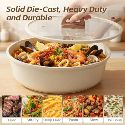 Ceramic Nonstick Frying Pan with Lid, 4.0 QT Sauté Pan Large Capacity Skillet, Non Stick Deep Frying Pan Induction Compatible White Granite Coating PFOA/PFAS Free Non-toxic Healthy Kitchen Cookware