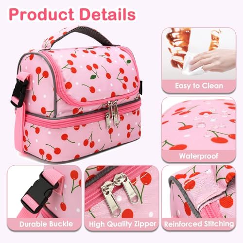 FlowFly Kids Double Decker Cooler Insulated Lunch Bag Large Tote for Boys, Girls, Men, Women, With Adjustable Strap, Cherry