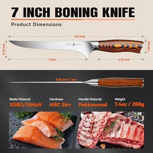 TUO Boning Knife, 7 inch Sharp Fillet Knife for Trimming Meat with Bones, Woodgrain Pakkawood Handle, High Carbon German Steel, Gift Box Included