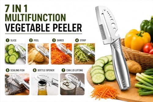 7-in-1 Multifunction Vegetable Peeler, Stainless Steel Kitchen Peeler with Bottle Opener, Fish Scaler, Herb Stripper, Scallion Shredder & Jar Lid Opener, Fruit Peeler Knife & Potato Peeling Tool