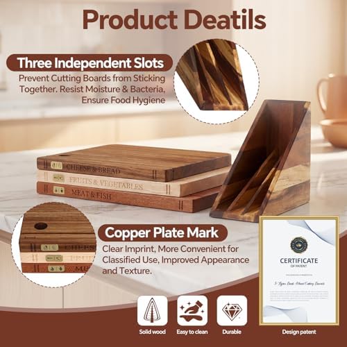 Wood Book Cutting Board Set with Stand, Wooden Cutting Boards for Kitchen,Knife Friendly Decorative Board that Look Like Books, Easy to Store & Clean,Unique Gift for Book Lovers & Home Cooks