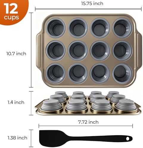 12-Cup Collapsible Silicone Muffin Pan with Metal Frame & Spatula - Space Saving Foldable Cupcake Tray - Easy Release Baking Mold for Egg Bites, Muffins & Tart - Dishwasher Safe Grey